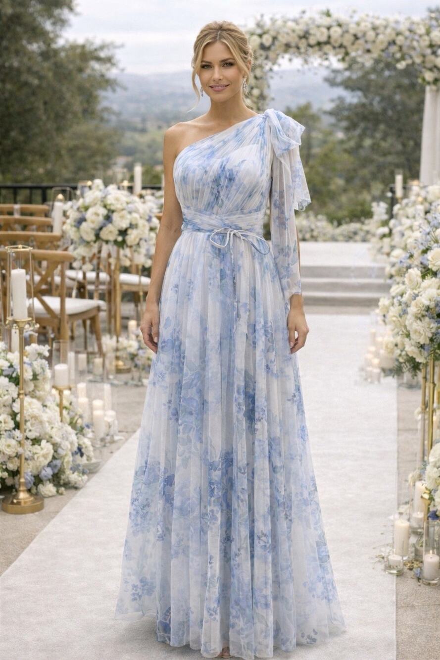 Marchesa Notte Blue Floral Dress One Shoulder Chiffon Bridesmaid Gown Sz 4